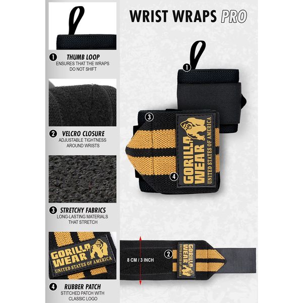 Кистевые бинты Gorilla Wear Wrist Wraps PRO Black/Gold (45 см, средняя жесткость) gw_9919592209 фото